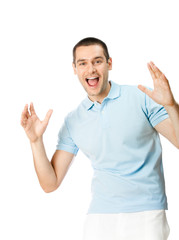 Expressive happy surprised man, isolated on white background