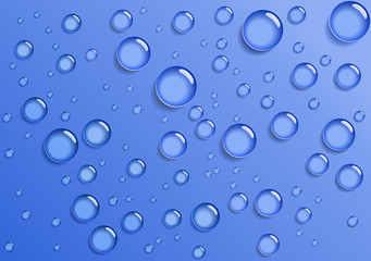Water droplets are on a blue background.