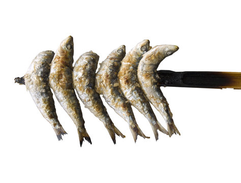 Sardines Cooked  On A Wooden Stick