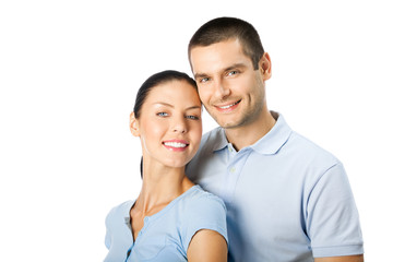 Portrait of young happy smiling attractive couple, isolated