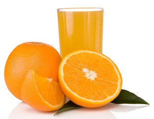 juice and oranges isolated on white