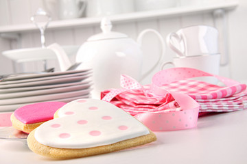 Fototapeta na wymiar Pink heart-shape cookies for Valentine's Day