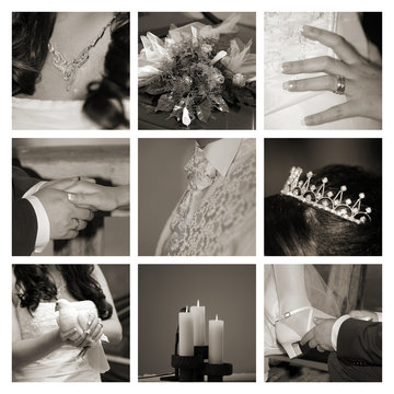 Collage von neun Bildern zum Thema Hochzeit