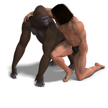 the apeman and the gorilla are ground friends. 3D rendering