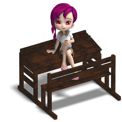 cute little cartoon school girl sitting on a school form. 3D