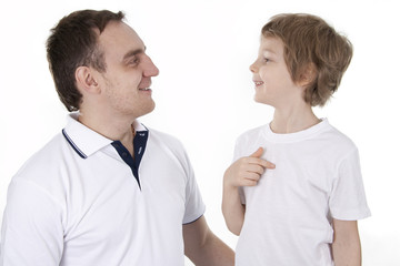 Father and son cheerfully talk.