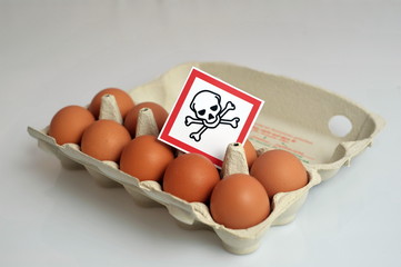 Mit Dioxin verseuschte Eier im Eierkarton mit dem Giftsymbol