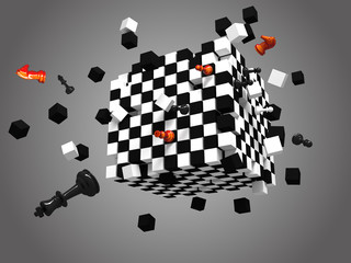 3D rendered exploded chess cube on gray background