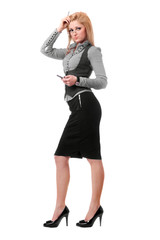 Attractive young blonde with smartphone. Isolated