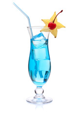 Blue cocktail with carambola and maraschino