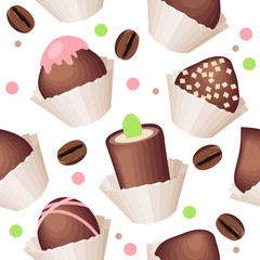 Seamless pattern with chocolate sweets and coffe beans