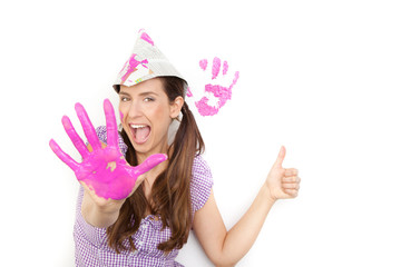 handabdruck daumen hoch, kreative frau
