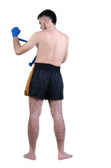 boxer in shorts . Rear view. Isolated over white.