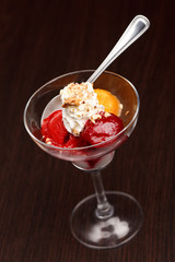 fruits sorbet with vanilla ice cream