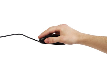 black mouse and hand isolated on white background