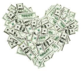 Heart shaped sign made with many 100 dollar banknotes