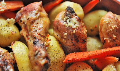 Roasted chicken and potatoes on a pot