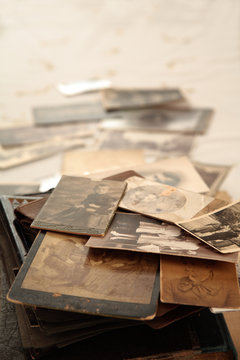 Stack of old photos with shallow depth of field