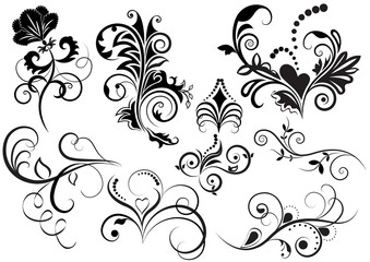 Collection of black and white floral design elements.