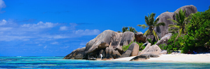 Seychelles beach panorama - obrazy, fototapety, plakaty