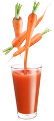 Conceptual image - fresh carrot juice is flowing into the glass.