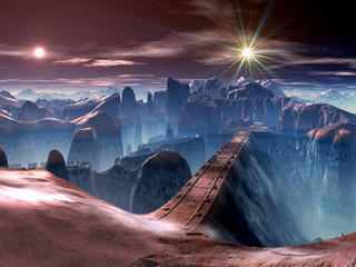 Naklejka premium Futurystyczny most nad wąwozem na Alien Planet