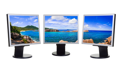 Panorama of coast on computer screens