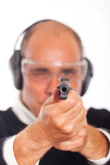 Man Pointing a Gun on White Background.