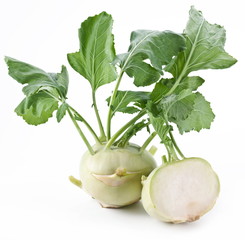 Cabbage kohlrabi on a white background - obrazy, fototapety, plakaty