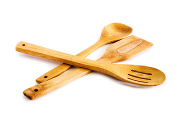 set of kitchen utensils made of bamboo, isolated