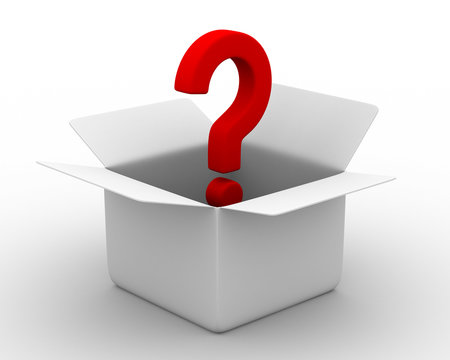 Open box with question. Isolated 3D image