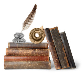 Isolated books. Stack of old books, inkstand with quill and scroll isolated on white background