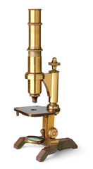 Isolated microscope. Vintage brass microscope isolated on white background
