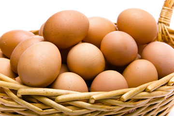 Eggs in basket on white background