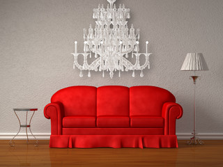 sofa, table and stand lamp with chandelier in white  interior
