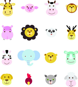 Collection of animal head doodle icon set