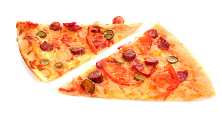 Peace of Tasty Italian pizza over white