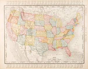 Fototapeta premium Antique Vintage Color Map United States of America, USA