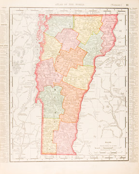 Antique Vintage Color Map of Vermont, United States USA