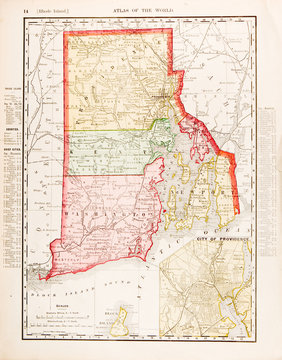 Antique Vintage Color Map of Rhode Island, RI, United States