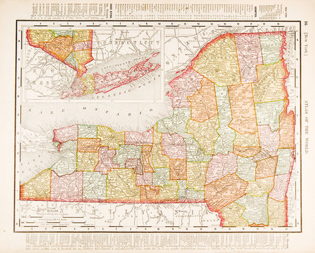 Antique Vintage Color Map of New York State, USA