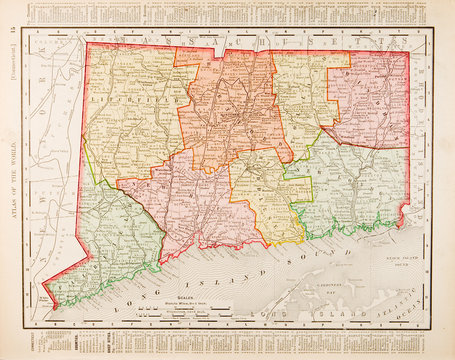 Antique Vintage Color Map of Connecticut, CT, United States, USA