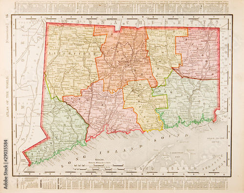 "Antique Vintage Color Map of Connecticut, CT, United States, USA ...