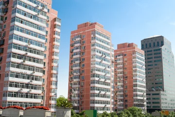 Foto auf Leinwand Moderne Wohnungen Gebäude Türme, Peking, China, blauer Himmel © qingwa