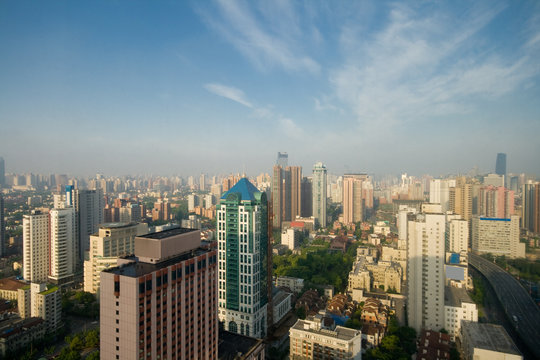 Shanghai, China Skyline, Blue Sky, Layer of Haze Pollution
