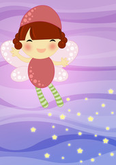 fata vola su sfondo astratto lasciando una scia di stelle