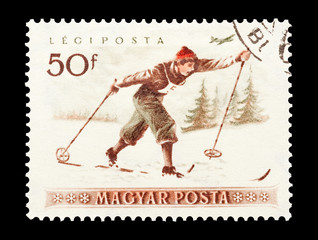 mail stamp printed in Hungary featuring cross country skiing