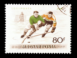 mail stamp printed in Hungary featuring ice hockey
