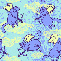 Seamless pattern with cats cupid.