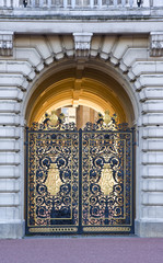 Detail view of front gates to Buckingham Palace in London